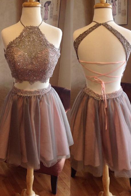 Short Two Piece Halter Lace Beads Homecoming Prom Party Dress