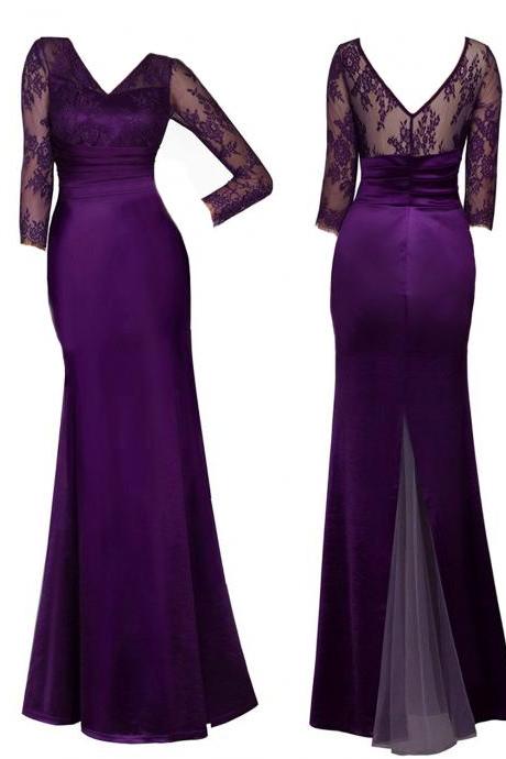 Women's Satin Wedding Party Dress V-Neck Lace Mother of Bride Dress with 3/4 Sleeves Purple Bridesmaid Dress 