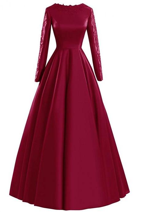 Women's Long Sleeves A-Line Satin Prom Dress with Lace Appliques Floor Length Evening Gowns