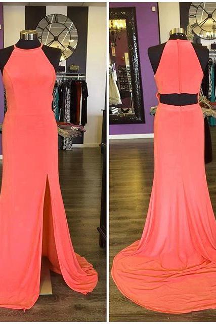 Long Jersey Coral Pink Mermaid Prom Dresses With Slit 2017 Sexy