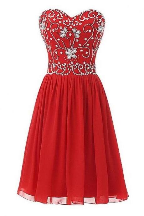 Cute Short Chiffon Red Sweetheart Beaded Homecoming Dresses 2017, Red Short Prom Dresses, Red Party Dresses