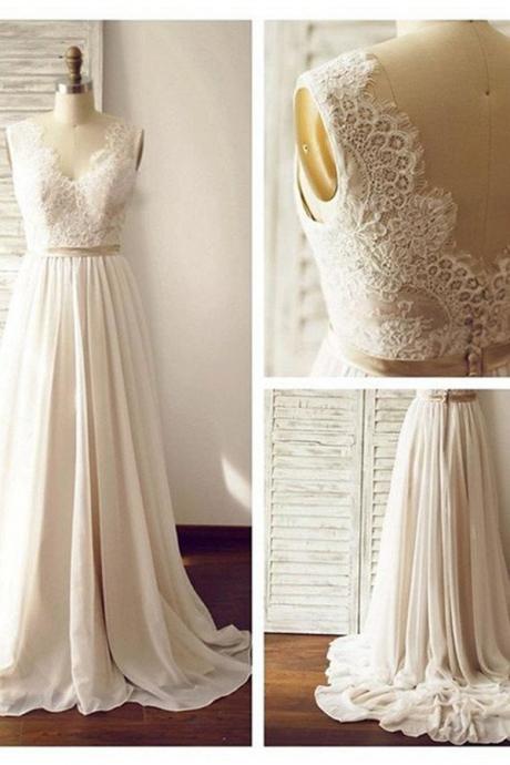 Wedding Dresses,Wedding Gown,V-neck Sleeveless Open Back Wedding Dress with Lace Sash