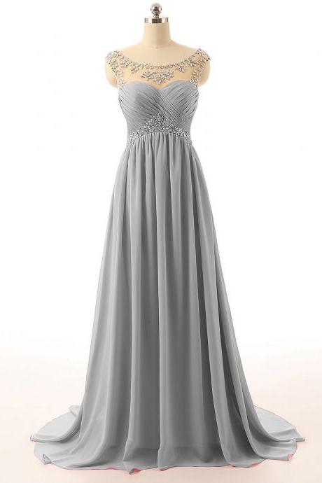 Light Grey Floor Length A-line Chiffon Prom Dress With Beaded Embellished Cap Sleeves Sweetheart Illusion Bodice