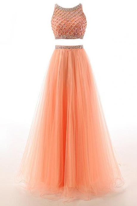 2017 High Quality Two Pieces Long Prom Dresses,Custom Made Beading Tulle Evening Dresses,Beautiful Formal Women Dress