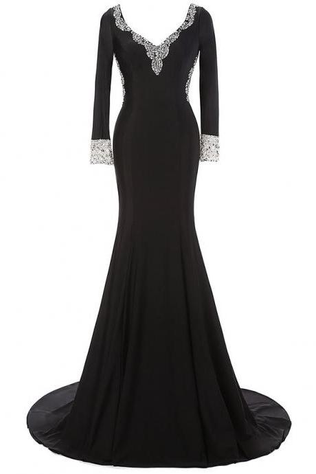 Black Sexy Long Prom Dresses,New Long Sleeves Evening Dresses,2017 Mermaid Prom Dresses