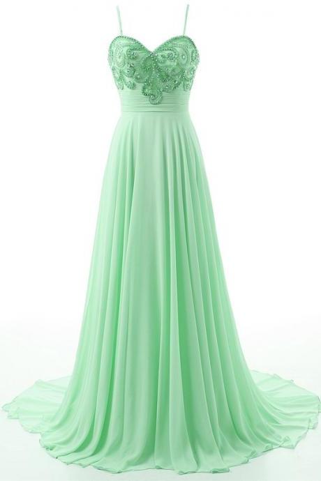 Mint Green Prom Dresses,Sexy A-Line Long Prom Gowns,Custom Made Beading Chiffon Evening Dresses,2017 Dresses