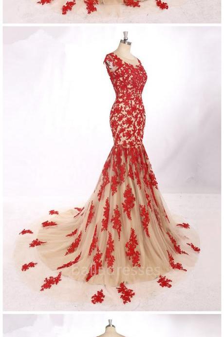 Elegant Long Evening Gowns Sexy Backless Red Lace Appliques Long Mermaid Evening Dress Robe De Soiree Longue Abendkleider