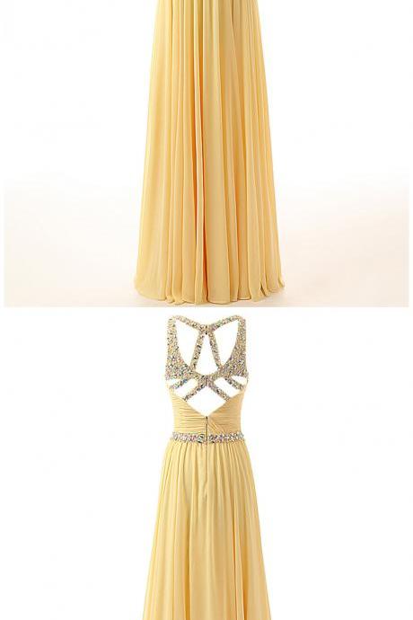 Long Chiffon A-line Prom Dress Featuring Beaded Embellished Spaghetti Straps Ruched Sweetheart Bodice And Cutout Back