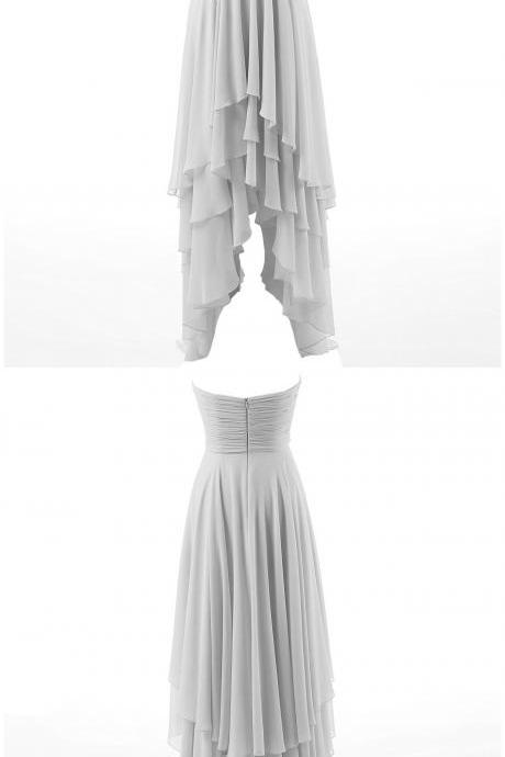 Grey High Low Chiffon Homecoming Dress Featuring Ruched Sweetheart Bodice With Beaded Embellishment