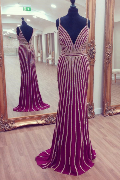 v neck prom dress,mermaid prom dress,gold beaded evening dress,luxury evening gowns,couture dress,pageant gowns,purple prom dress