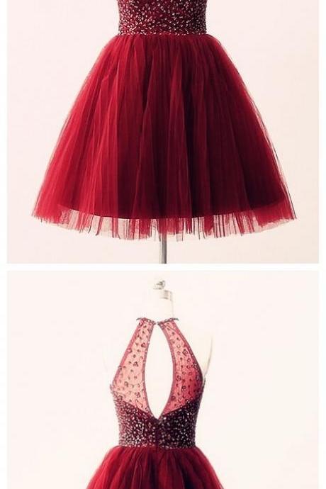 Lovely Halter Handmade Tulle Burgundy Short Prom Dresses, Homecoming Dresses, Party Dresses.Short Party Gowns,Cheap Plus Size Dress