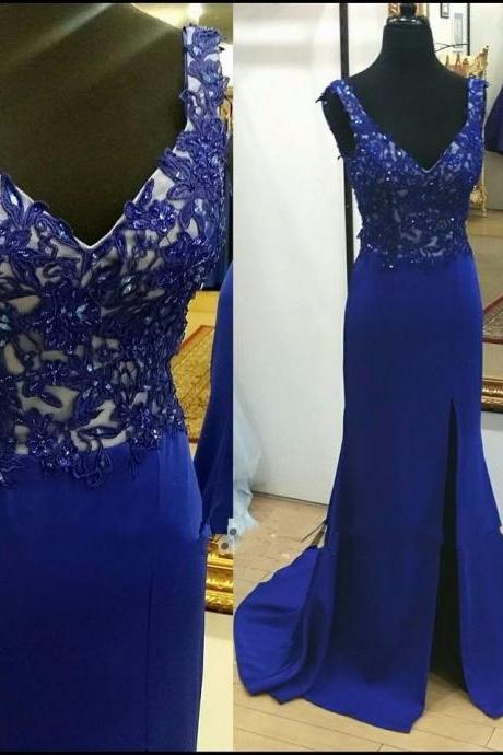 Sexy Slit Prom dress,Lace Graduation Dress,Sexy Blue Prom Dresses,Open Back Blue Party Dress,Slit Royal Blue Formal Dress,Blue Lace Evening Dress 2017 Plus Size