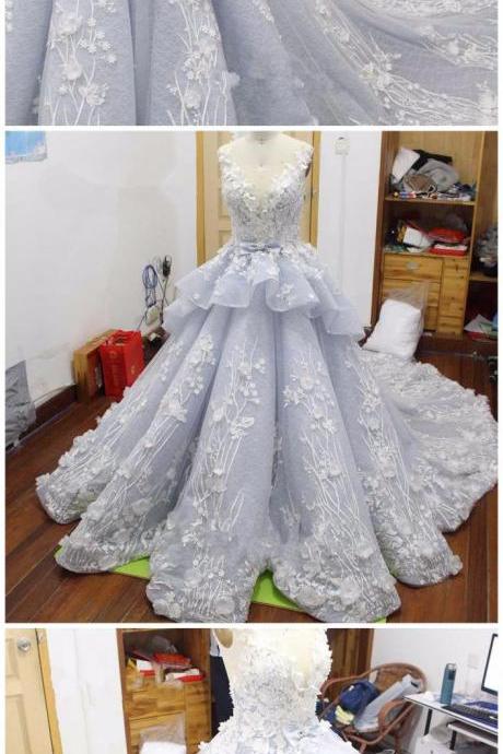Real Photo Royal Blue Wedding Dress Illusion Luxury Chapel Train Beaded Appliques Vestido De Novia Button Bridal Gown