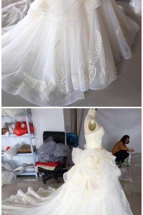 Real Photo Strapless Chapel Train Wedding Dress Organza&amp;amp;tulle Illusion Fit And Flare Vestido De Novia Bridal Gown Size Plus