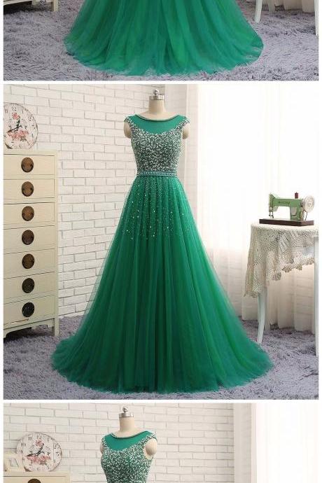 In Stock Sheer Neckline Green Tulle Evening Dress Full Of Beaded With Sequined Formal Dresses Back Zip Vestidos De Festa