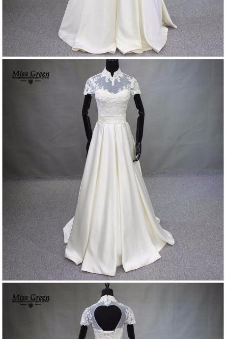 Sheer High Neckline Stain Short Wedding Dress Real Photo Lace Beaded Pearl Vestido de Novia A-Line Bridal Gown