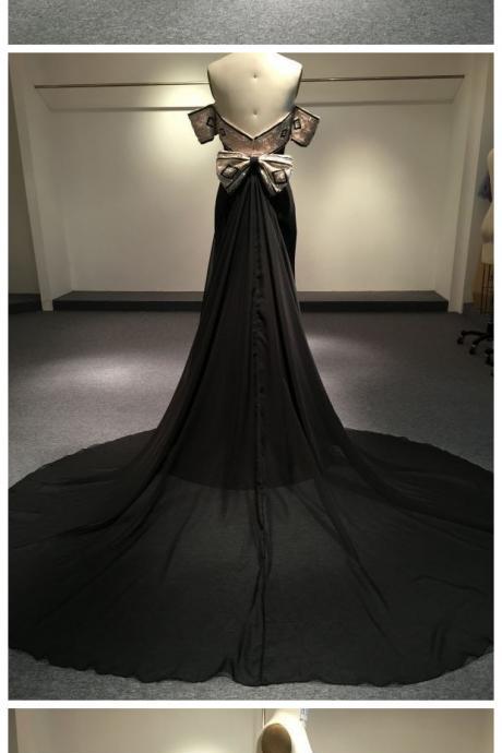 Robe De Soiree Short Sleeve Strapless Real Sample Black Detachbale Train Vestido De Festa Evening Dress