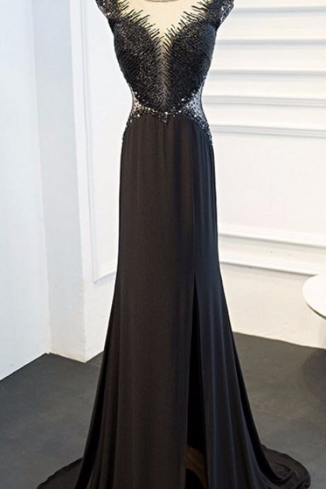 Real Photo Sheer Neckline Black Evening Dress Sexy Slim Open Back Beaded Robe De Soiree Evening Gown Size Plus
