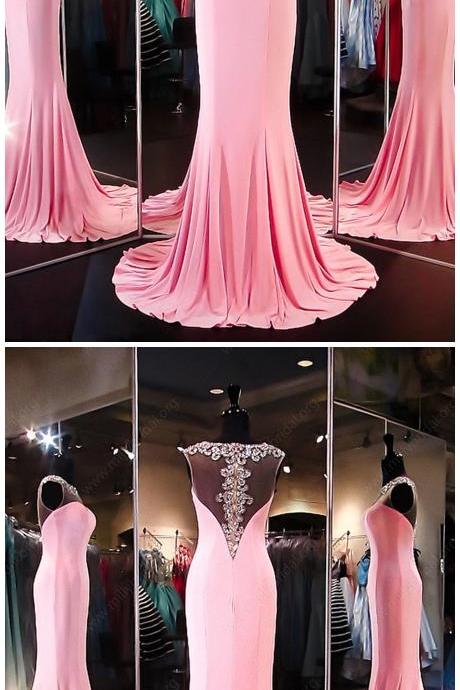 Unique Trumpet/mermaid Scoop Neck Silk-like Satin Beading Pink Prom Dresses