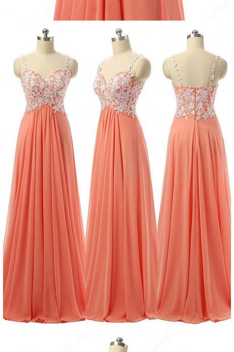 Sweetheart Orange Chiffon Floor-length Appliques Lace Girls Prom Dresses