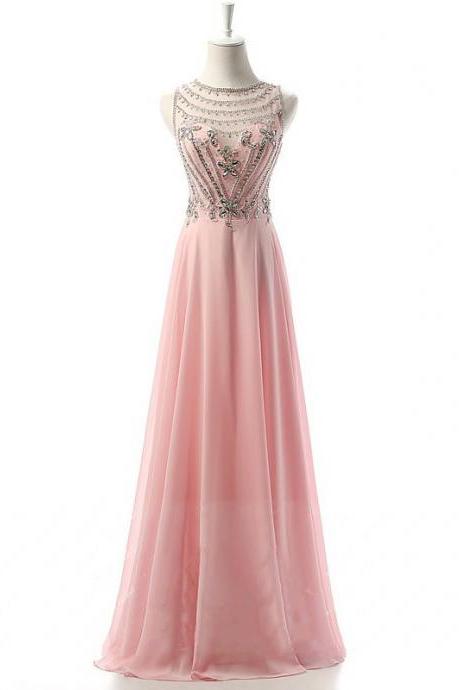 Pink Scoop Neck Chiffon Tulle With Crystal Detailing Modern Prom Dress