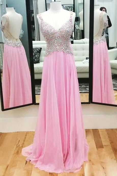 Online Open Back Pink Chiffon Crystal Detailing V-neck Prom Dress