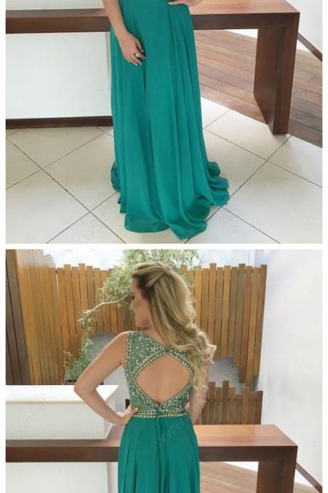 A-line Scoop Neck Chiffon Tulle Floor-length Beading Open Back Beautiful Prom Dresses 