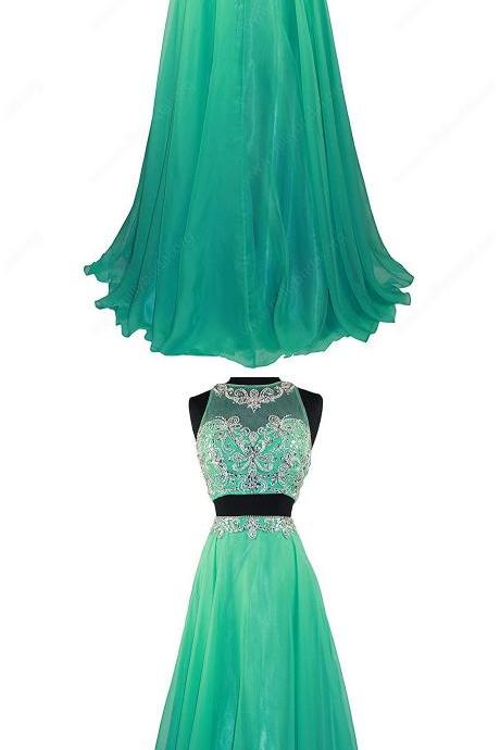 Online A-line Scoop Neck Chiffon Tulle Floor-length Beading Two Piece Prom Dresses