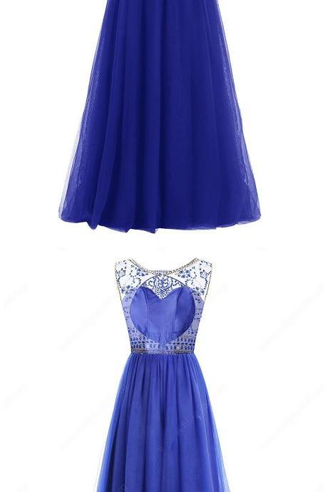 Royal Blue A-line Scoop Neck Tulle Floor-length Sequins Open Back Modest Prom Dresses