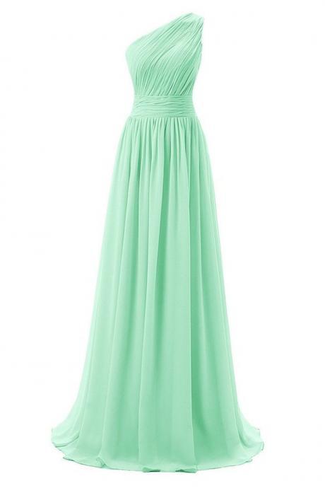 Beautiful Handmade Mint Green Long Prom Dresses, One Shoulder Bridesmaid Dresses, Mint Green Bridesmaid Dresses