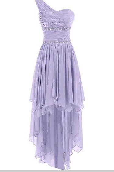 Lavender High Low Chiffon Pleated Evening Dress Featuring Ruched One Shoulder Bodice With Beaded Embellishments