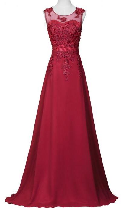 Burgundy Floor Length Chiffon A-line Evening Dress Featuring Beaded Embellished Lace Appliqués Sweetheart Illusion Bodice