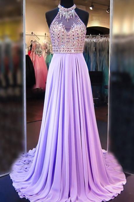 A Line Cowl Neck Sleeveless Long Pleated Beaded Lilac Prom Dress Open Back Prom Dresses