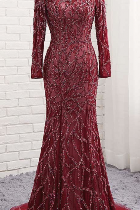 Burgundy Long Sleeve Mermaid Evening Dress High Neck With Full Crystal Count Train Vestido De Fasta Formal Party