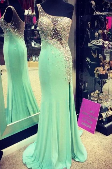 Glamorous Prom Dress -mint Sheath One-shoulder Dress With Beaded