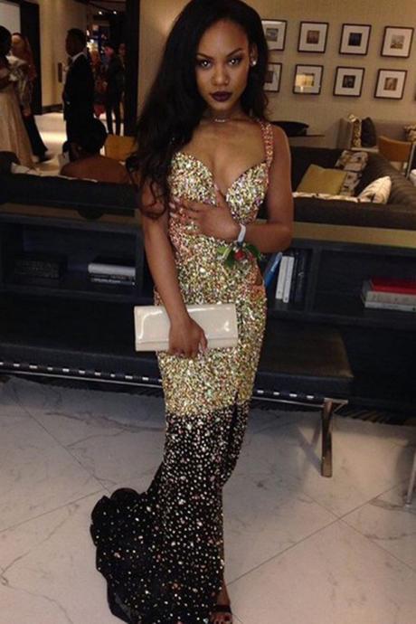 Luxury Bling Prom Dresses, Black Prom Dresses,Sweep Train Mermaid Prom Dress with Beading Crystals