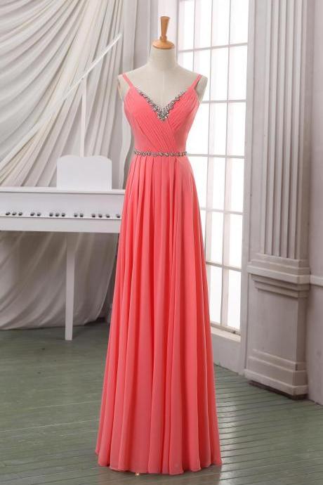Coral V Neck Long Chiffon Evening Dress/prom Dress/party Dress With Beadings And Spaghetti Strap,long Coral Homecoming Dress