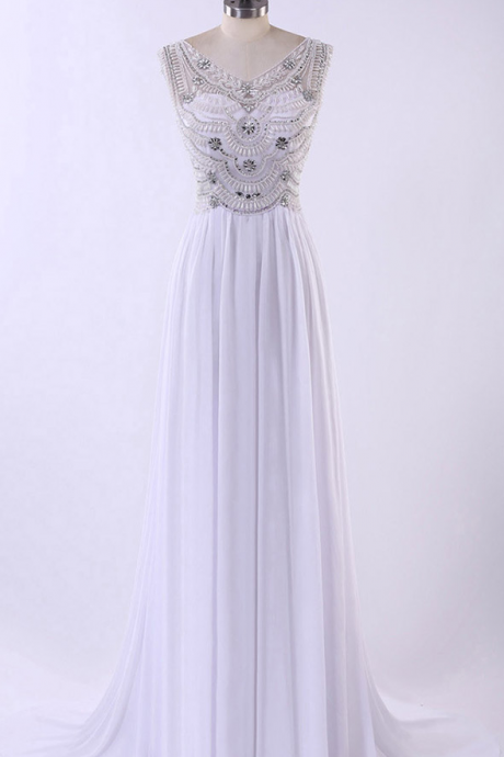 White Illusion Prom Dresses, Beaded Chiffon Prom Dresses, A-line Prom Gowns, V-neck Discount Prom Dress With Soft Pleats