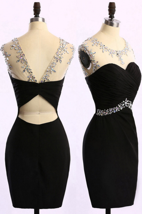 Short Black Prom Dress With Ruching Detail, Sleeveless Beaded Prom Dress, Column Chiffon Fashion Mini Prom Dress