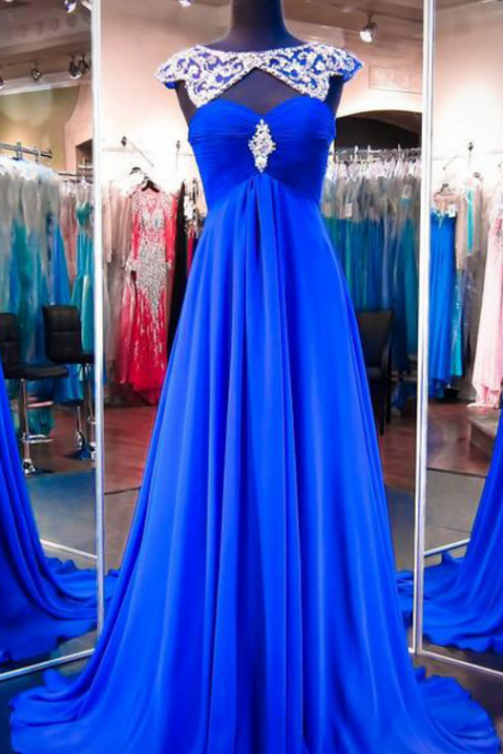 Royal Blue Prom Dress With Beaded Neckline, High Neck Chiffon Prom Gowns, Wholesale Open Back Prom Dress