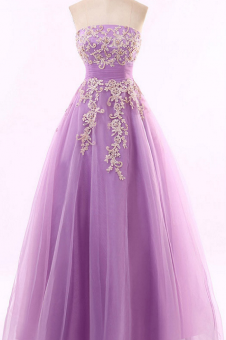 Long Lavender Tulle Prom Dresses, Strapless Prom Dress With Lace Appliques, Modest Princess Prom Dresses