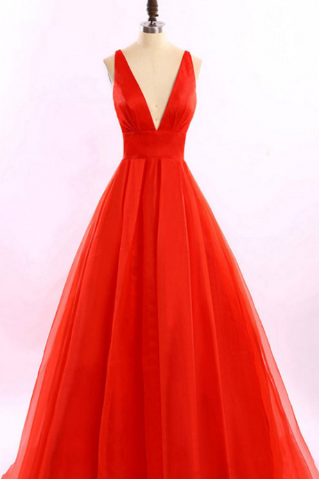 Red Long Prom Dresses, Sexy Plunge V-neck Ball Gowns, Backless Princess Prom Dresses, Unique Ball Gowns,
