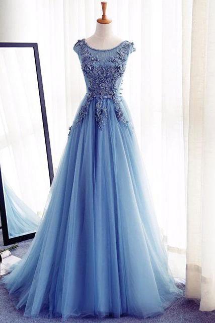 Blue Floor Length Tulle A-line Prom Gown Featuring Floral Appliqués Bateau Neck Bodice And Cap Sleeves