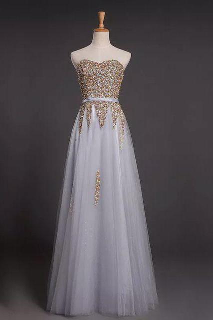 Long Tulle A-Line Evening Dress Featuring Beaded Embellished Sweetheart Bodice