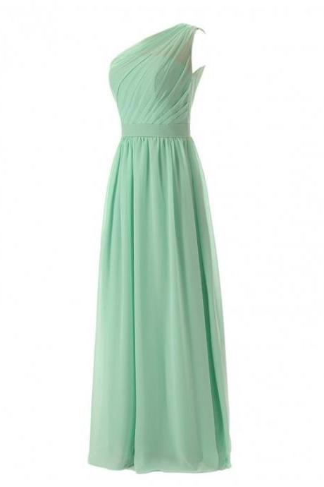 Simple Mint One Shoulder Sleeveless Ankle-length Pleats Bridesmaid Dress