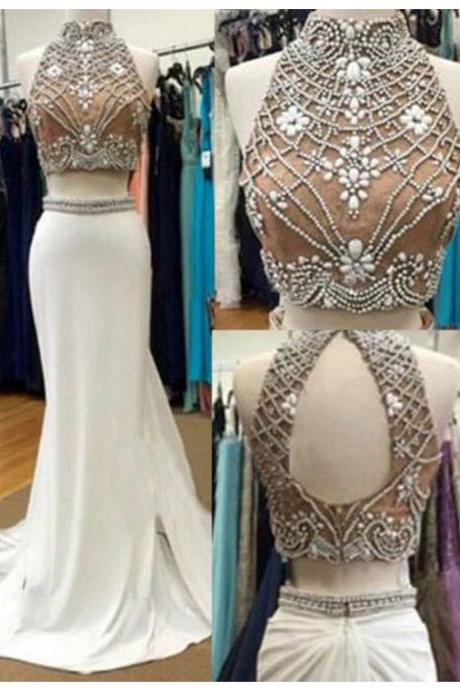 High Neck Sweep Train Open Back White Mermaid Prom Dress with Beading