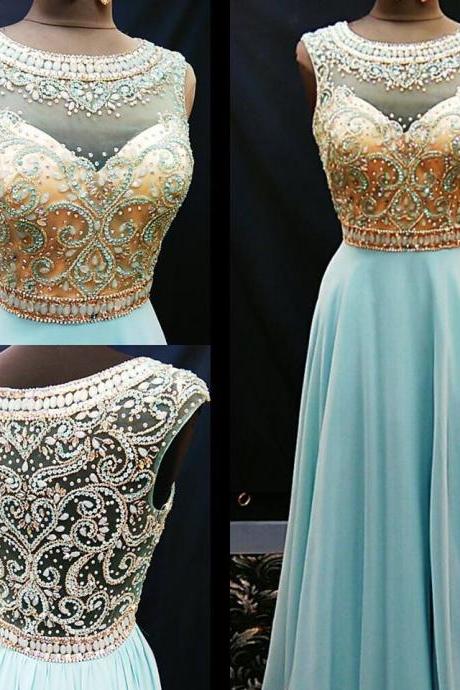 Beaded Turquoise Long Prom Dress 2017
