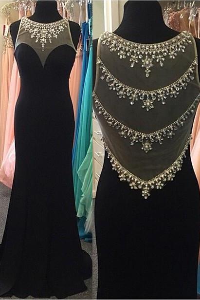 Beaded Scoop Sweetheart Black Chiffom Mermaid Long Prom Dress 2017 With Tulle Full Back