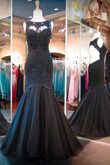 Scoop Neckline Sweetheart Lining Black Mermaid Lace Appliques Tulle Long Prom Dress With Backless