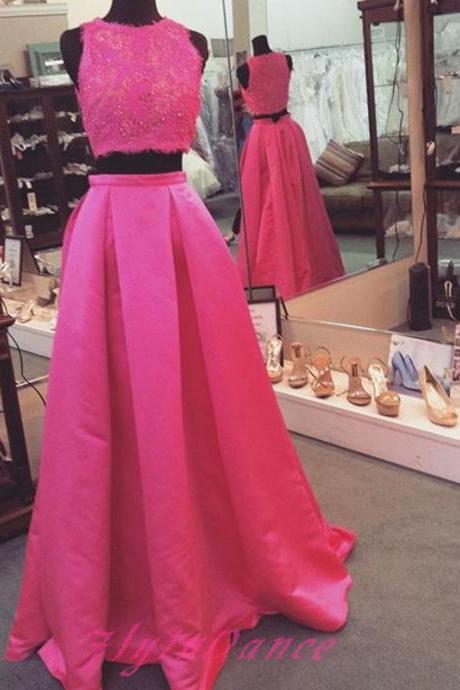 Scoop Sequins Lace Appliques Fuchsia Two-pieces Ball Gown Long Satin Prom Dress